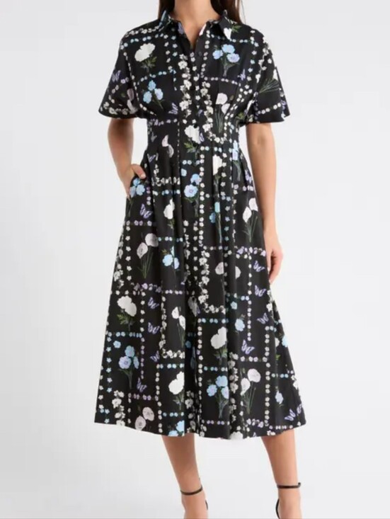 Sugarlips Dresses & Skirts - Sugarlips NWT Large Black Floral Midi Dress with Blue and White Blossoms PTP 21